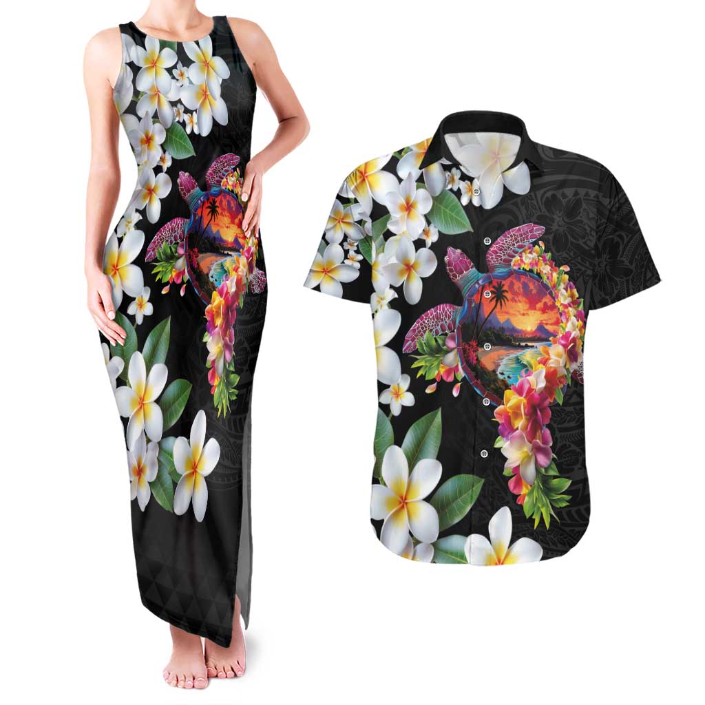 Hawaiian Lei Day Couples Matching Tank Maxi Dress and Hawaiian Shirt Plumeria and Turtle with Polynesian Tribal Pattern