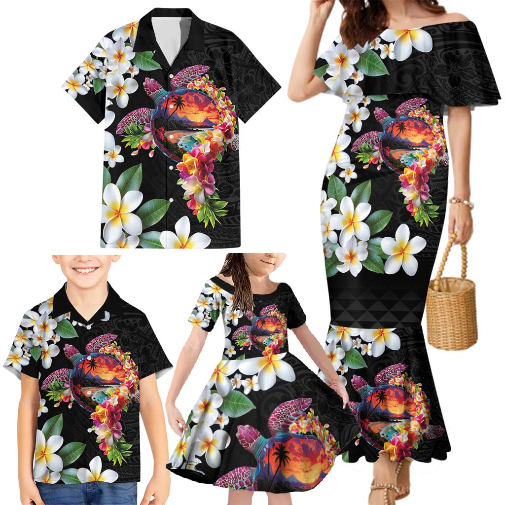 Hawaiian Lei Day Family Matching Mermaid Dress and Hawaiian Shirt Plumeria and Turtle with Polynesian Tribal Pattern
