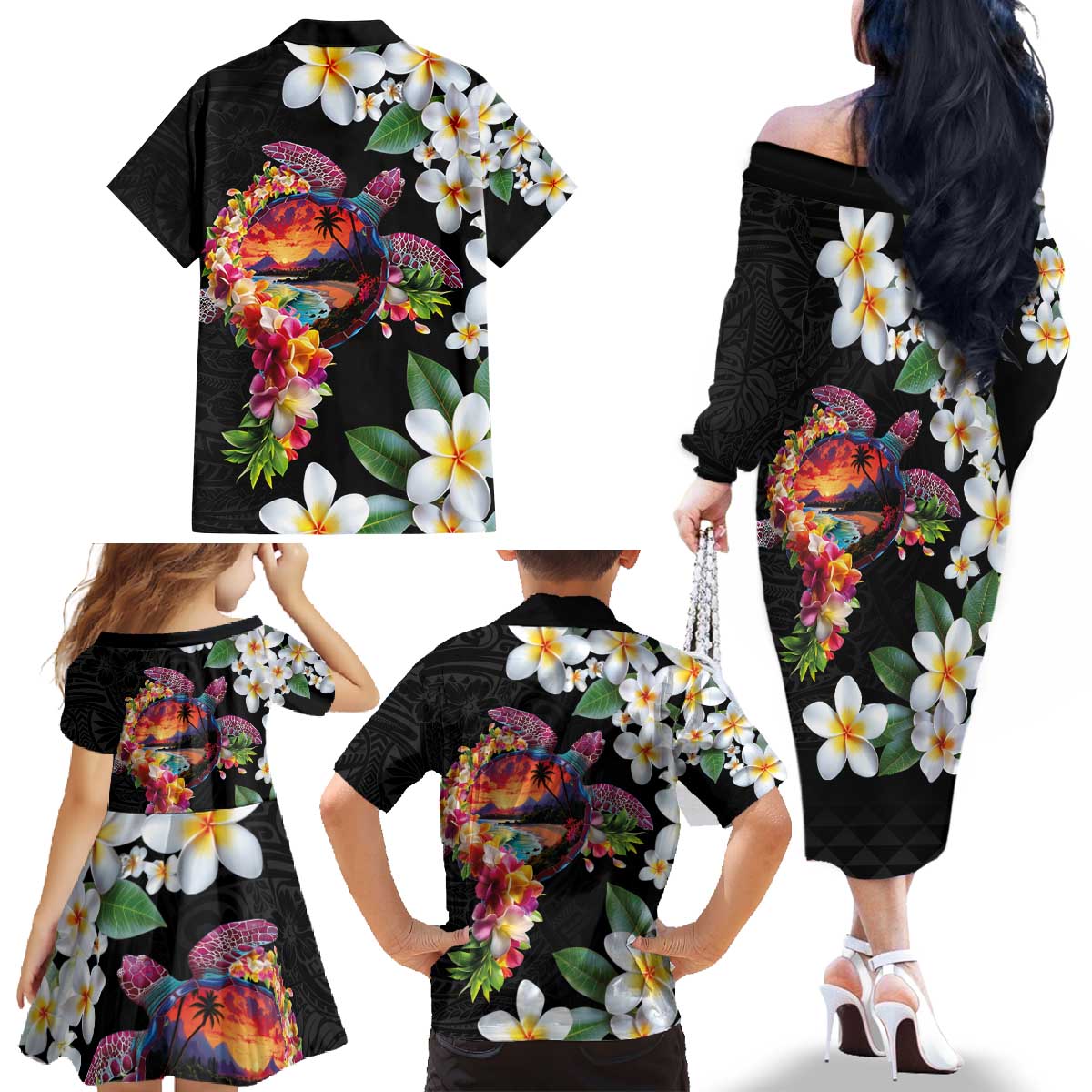 Hawaiian Lei Day Family Matching Off The Shoulder Long Sleeve Dress and Hawaiian Shirt Plumeria and Turtle with Polynesian Tribal Pattern