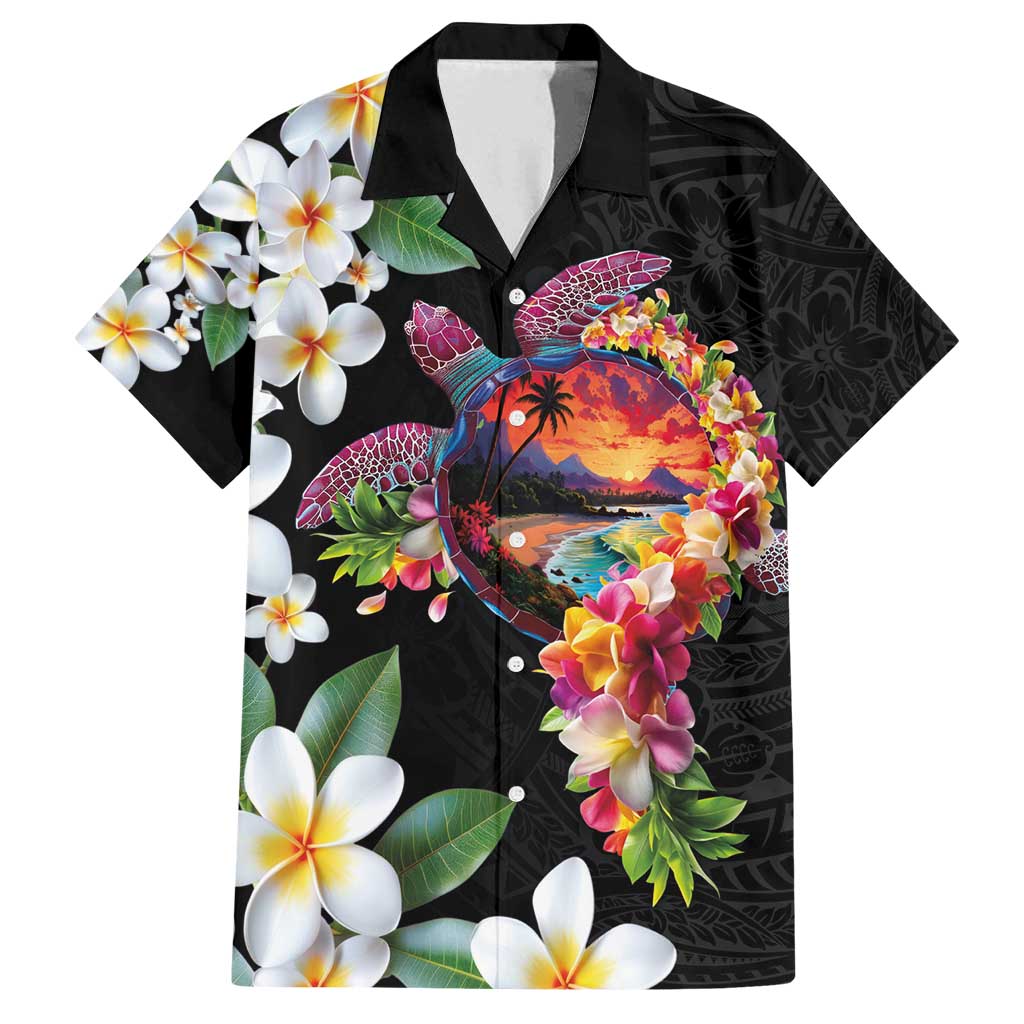 Hawaiian Lei Day Family Matching Off Shoulder Maxi Dress and Hawaiian Shirt Plumeria and Turtle with Polynesian Tribal Pattern LT03 Dad's Shirt - Short Sleeve Black - Polynesian Pride