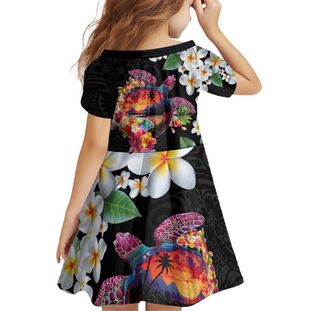 Hawaiian Lei Day Family Matching Off Shoulder Short Dress and Hawaiian Shirt Plumeria and Turtle with Polynesian Tribal Pattern
