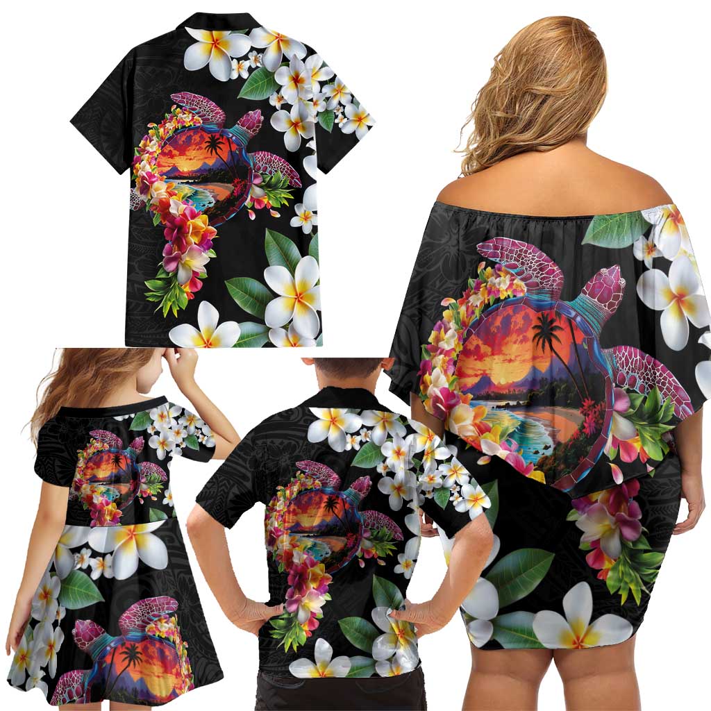 Hawaiian Lei Day Family Matching Off Shoulder Short Dress and Hawaiian Shirt Plumeria and Turtle with Polynesian Tribal Pattern