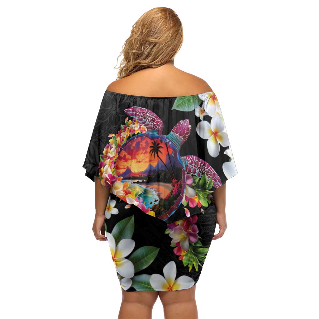 Hawaiian Lei Day Family Matching Off Shoulder Short Dress and Hawaiian Shirt Plumeria and Turtle with Polynesian Tribal Pattern