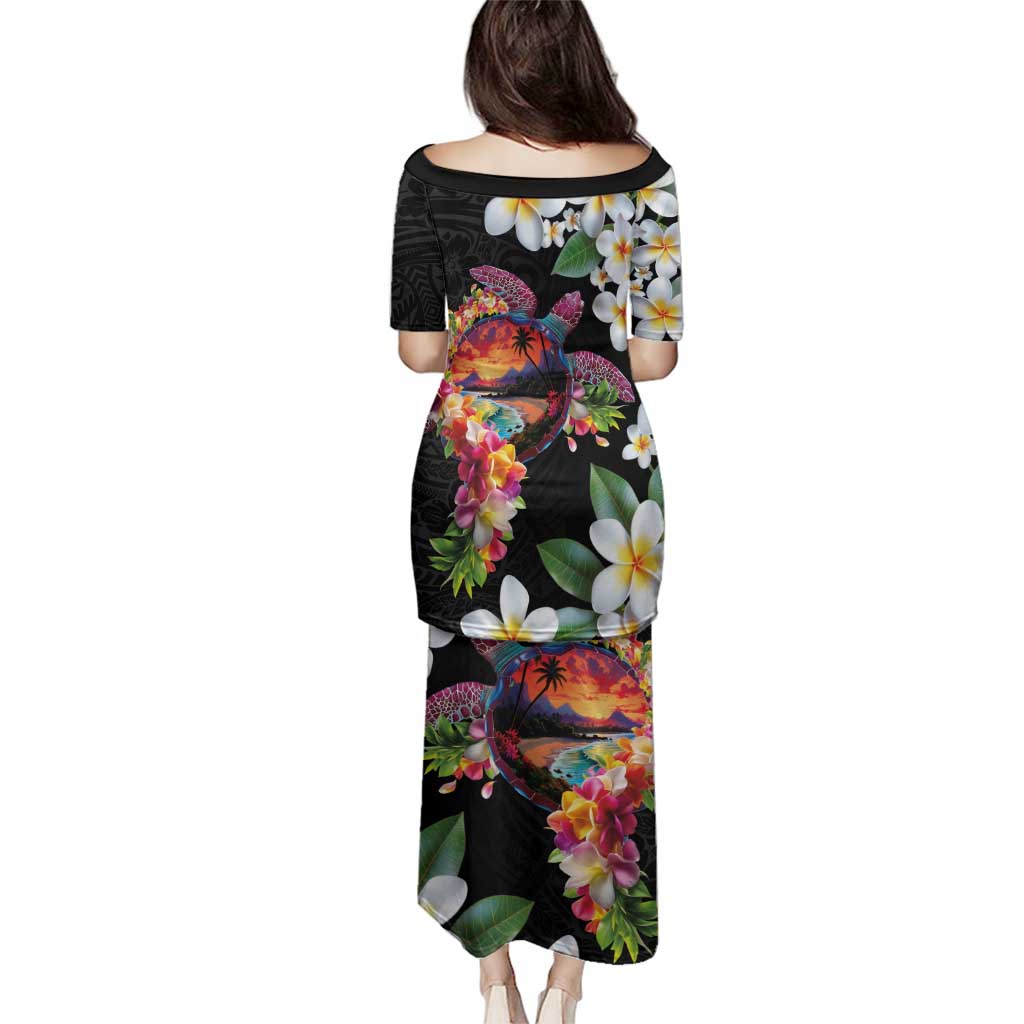 Hawaiian Lei Day Family Matching Puletasi and Hawaiian Shirt Plumeria and Turtle with Polynesian Tribal Pattern