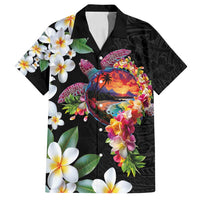 Hawaiian Lei Day Family Matching Summer Maxi Dress and Hawaiian Shirt Plumeria and Turtle with Polynesian Tribal Pattern LT03 Dad's Shirt - Short Sleeve Black - Polynesian Pride