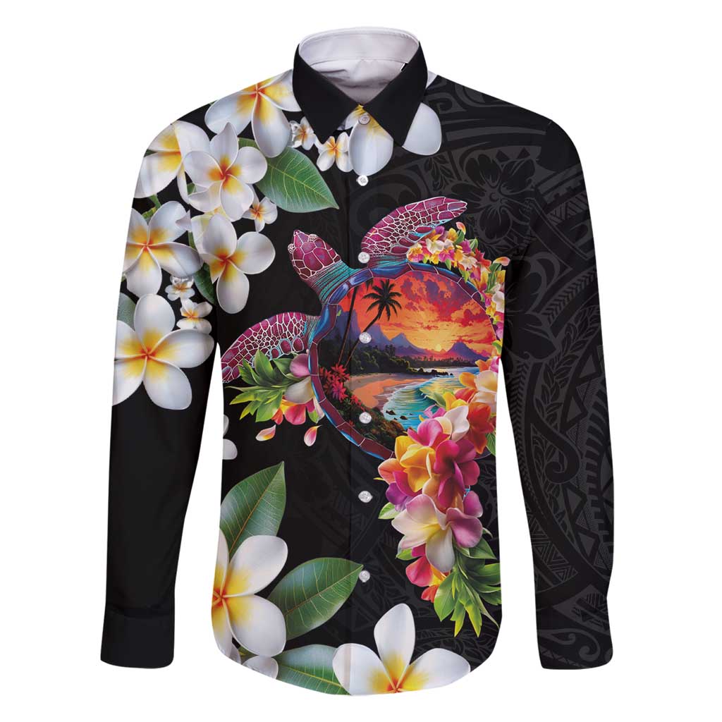 Hawaiian Lei Day Family Matching Summer Maxi Dress and Hawaiian Shirt Plumeria and Turtle with Polynesian Tribal Pattern LT03 Dad's Shirt - Long Sleeve Black - Polynesian Pride