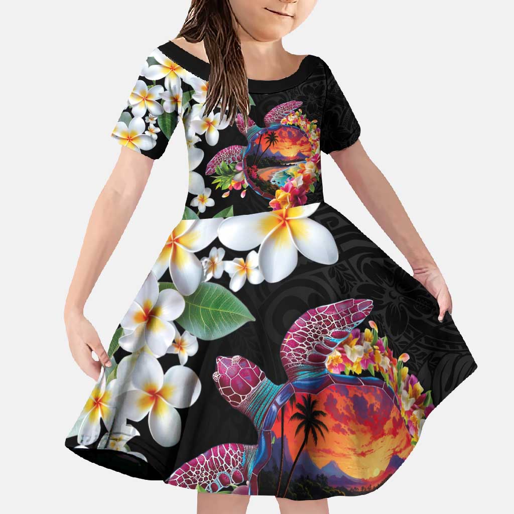 Hawaiian Lei Day Family Matching Tank Maxi Dress and Hawaiian Shirt Plumeria and Turtle with Polynesian Tribal Pattern LT03 Daughter's Dress Black - Polynesian Pride