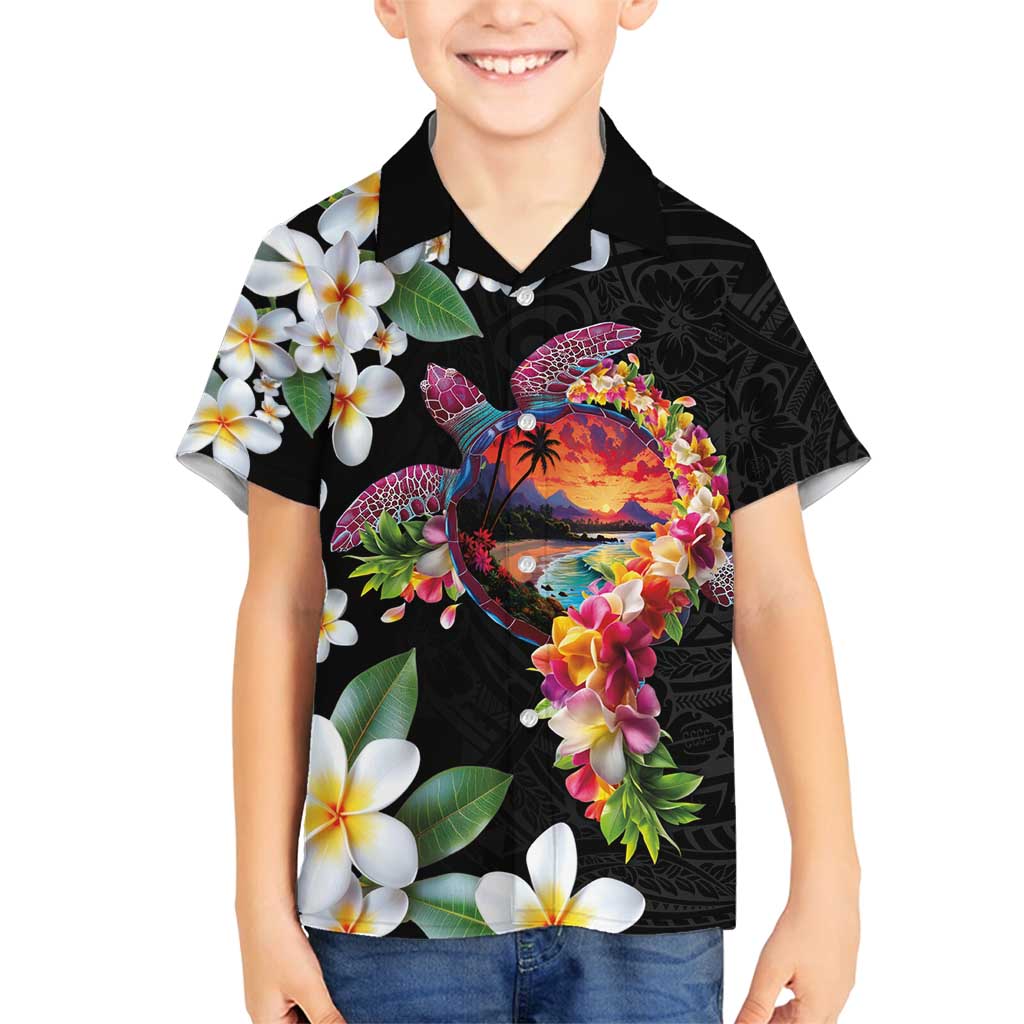Hawaiian Lei Day Family Matching Tank Maxi Dress and Hawaiian Shirt Plumeria and Turtle with Polynesian Tribal Pattern LT03 Son's Shirt Black - Polynesian Pride