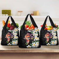 Hawaiian Lei Day Grocery Bag Plumeria and Turtle with Polynesian Tribal Pattern
