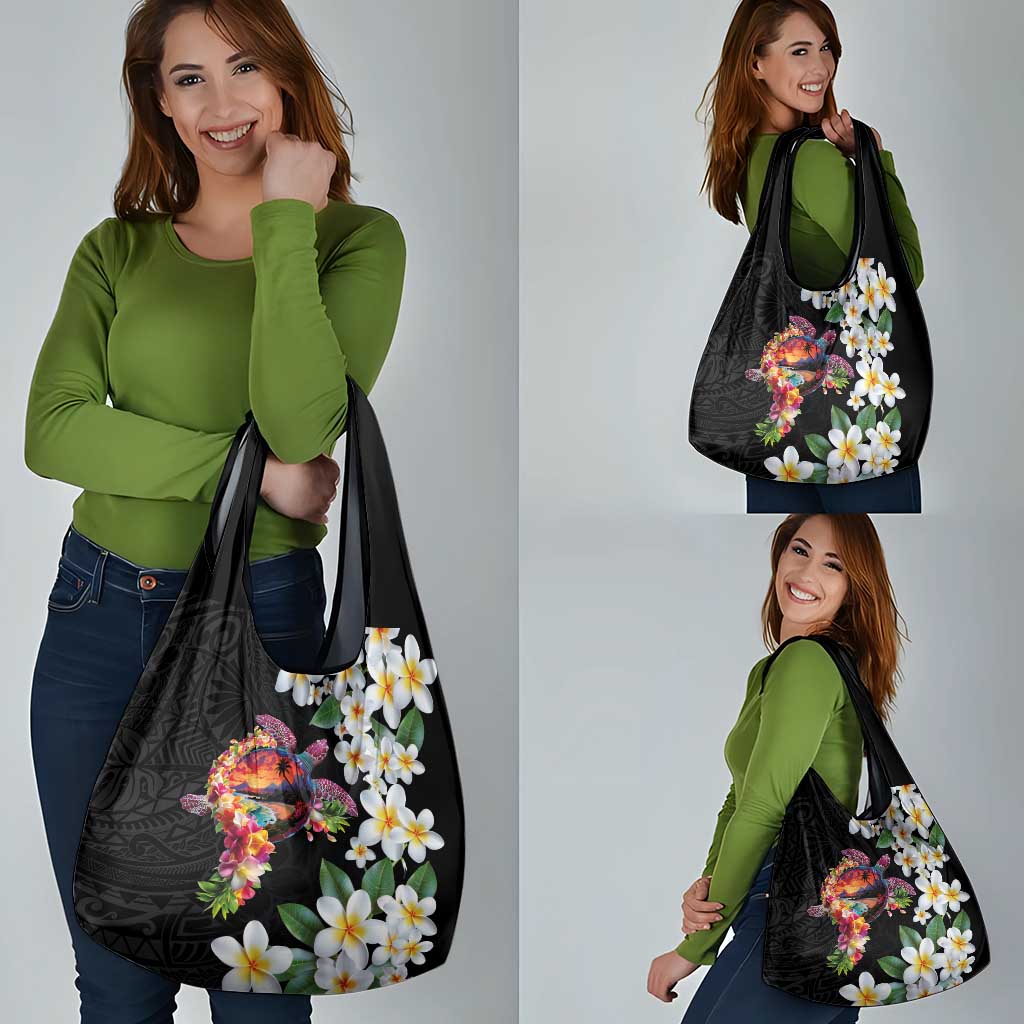 Hawaiian Lei Day Grocery Bag Plumeria and Turtle with Polynesian Tribal Pattern