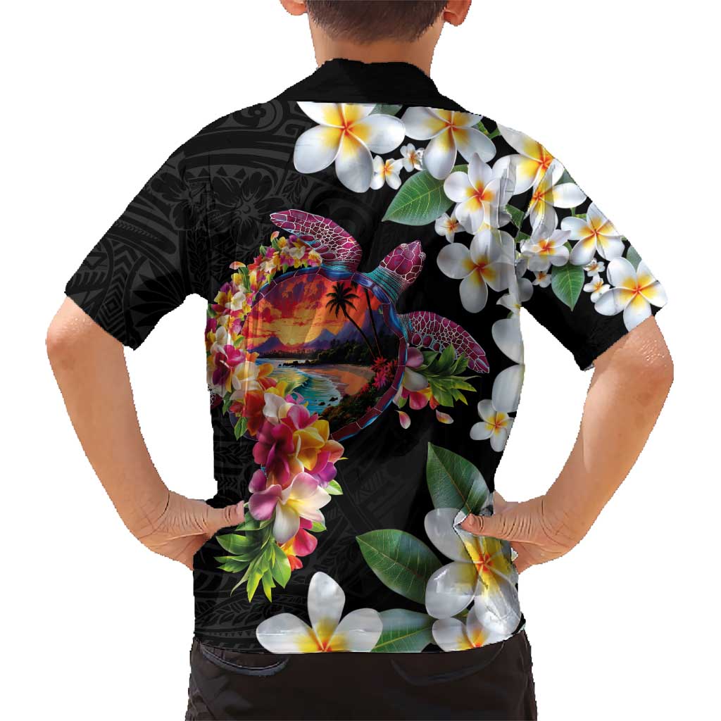Hawaiian Lei Day Kid Hawaiian Shirt Plumeria and Turtle with Polynesian Tribal Pattern