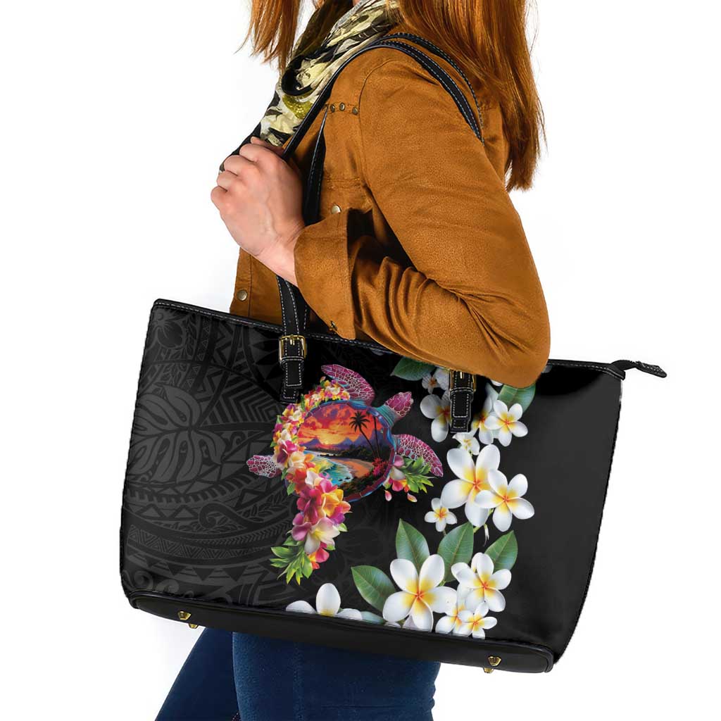 Hawaiian Lei Day Leather Tote Bag Plumeria and Turtle with Polynesian Tribal Pattern LT03 Black - Polynesian Pride