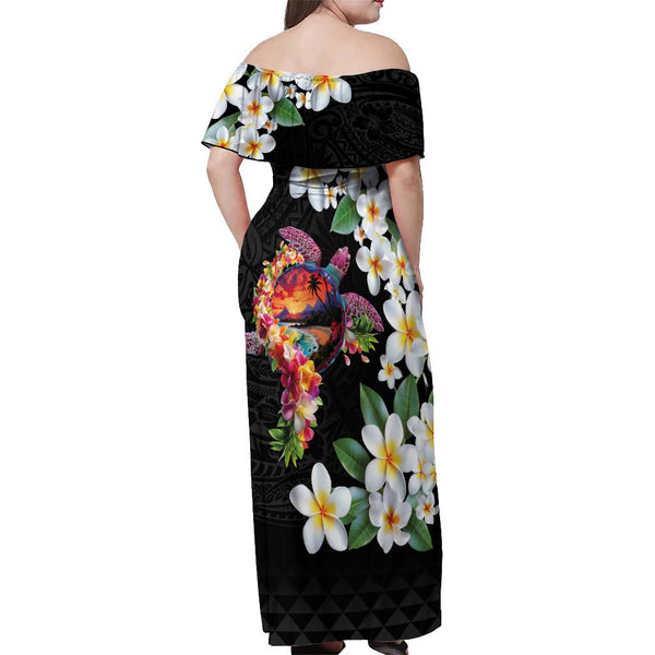 Kiribati Off Shoulder Long Dress Plumeria Flowers Tribal Motif Yellow Version main image 1
