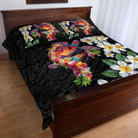 Hawaiian Lei Day Quilt Bed Set Plumeria and Turtle with Polynesian Tribal Pattern