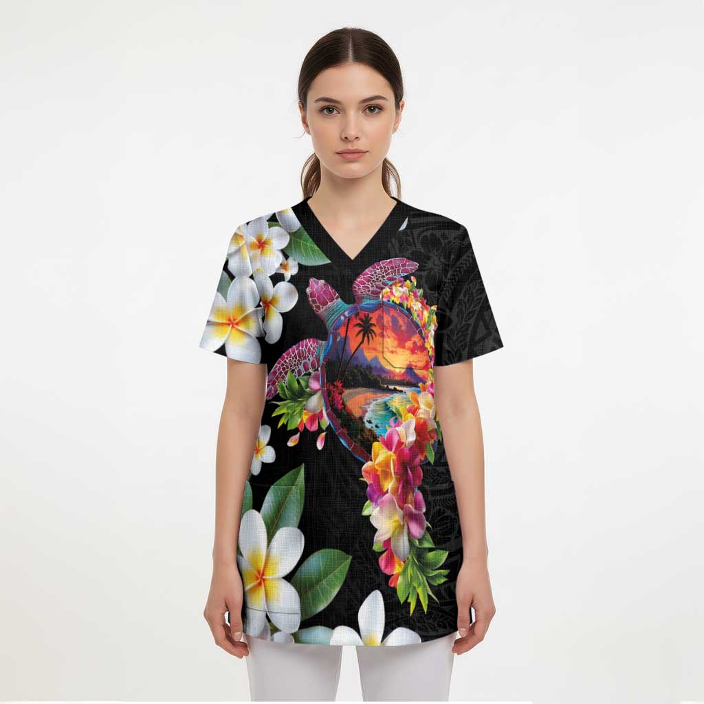 Hawaiian Lei Day Scrub Top Plumeria and Turtle with Polynesian Tribal Pattern - Polynesian Pride