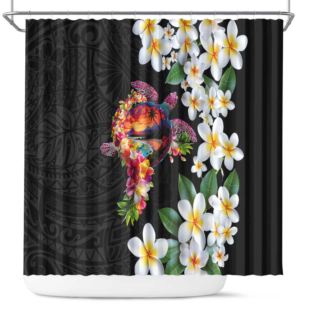 Hawaiian Lei Day Shower Curtain Plumeria and Turtle with Polynesian Tribal Pattern LT03 Black - Polynesian Pride