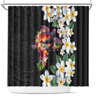 Hawaiian Lei Day Shower Curtain Plumeria and Turtle with Polynesian Tribal Pattern LT03 Black - Polynesian Pride