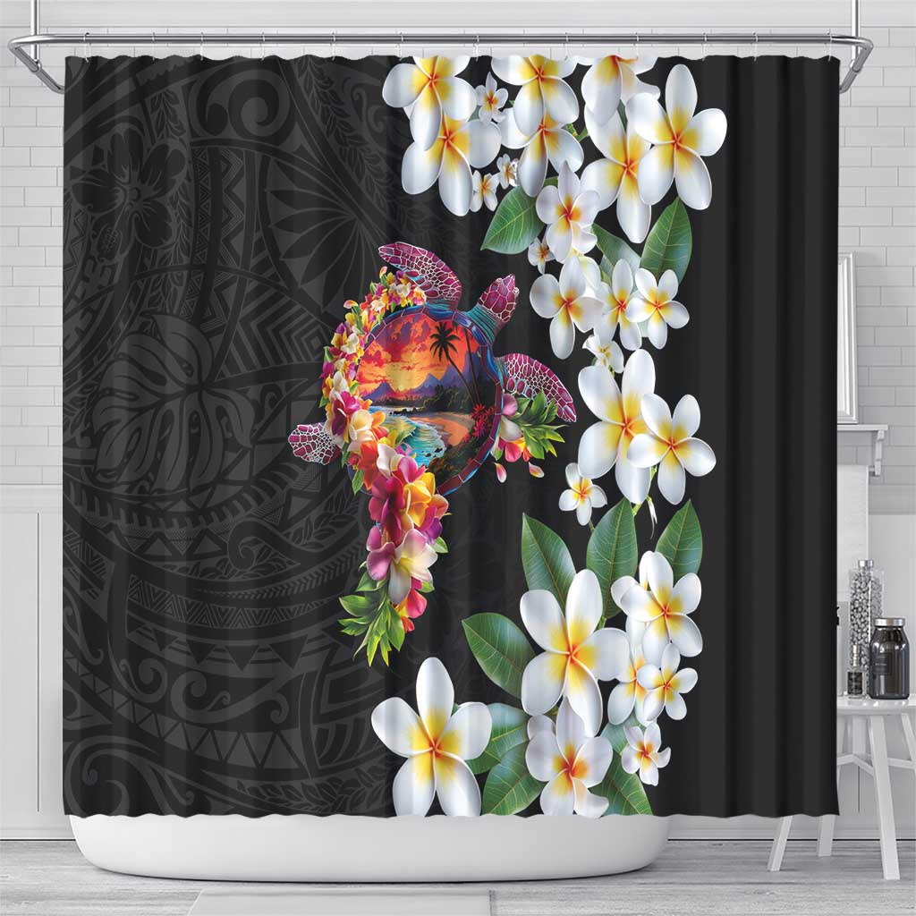 Hawaiian Lei Day Shower Curtain Plumeria and Turtle with Polynesian Tribal Pattern LT03 - Polynesian Pride