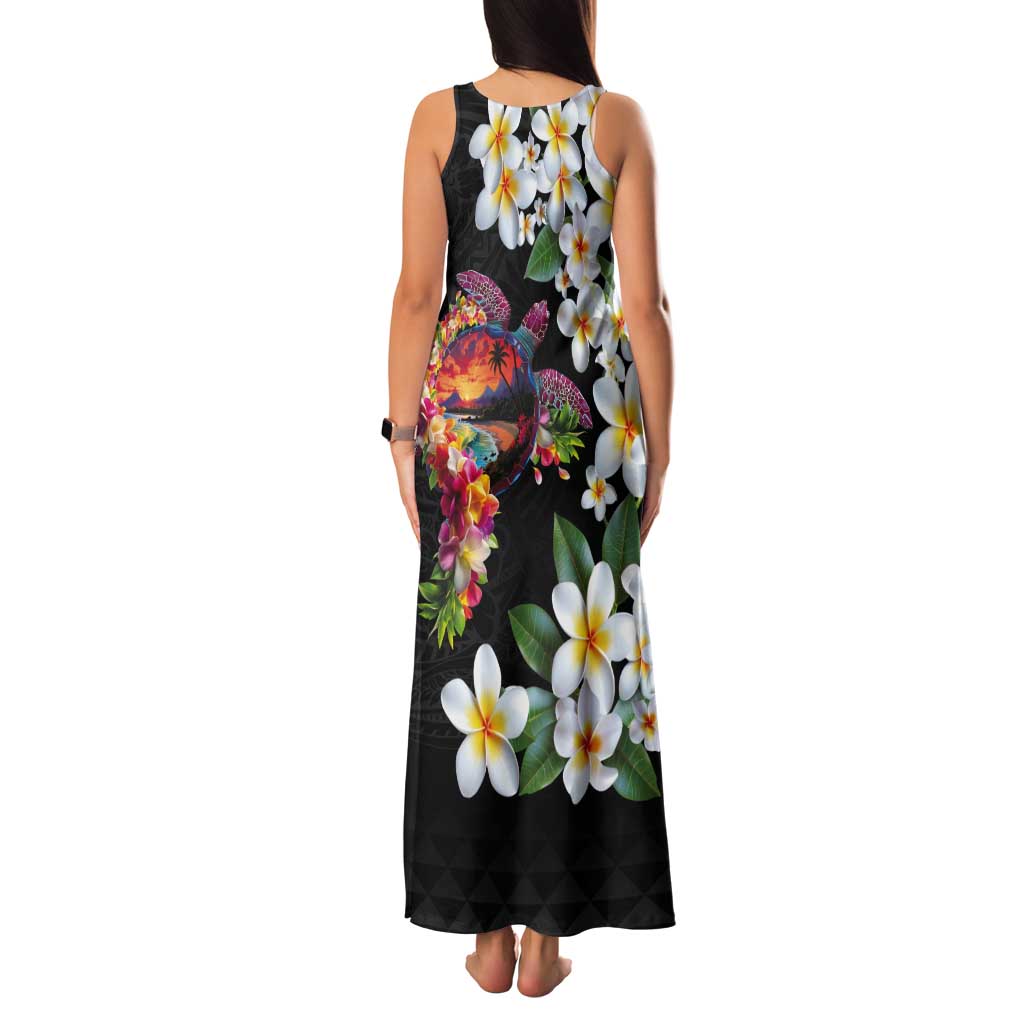 Hawaiian Lei Day Tank Maxi Dress Plumeria and Turtle with Polynesian Tribal Pattern
