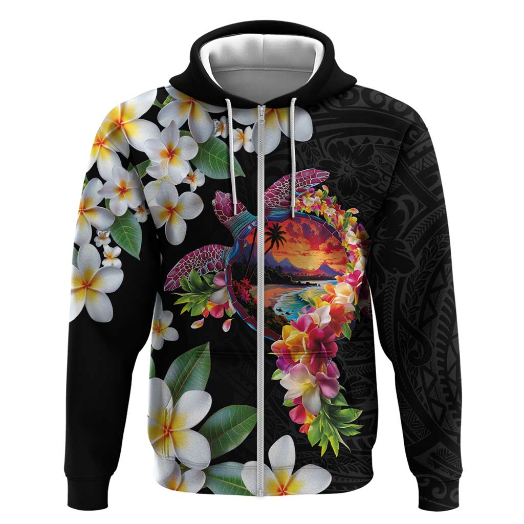 Hawaiian Lei Day Zip Hoodie Plumeria and Turtle with Polynesian Tribal Pattern LT03 Zip Hoodie Black - Polynesian Pride