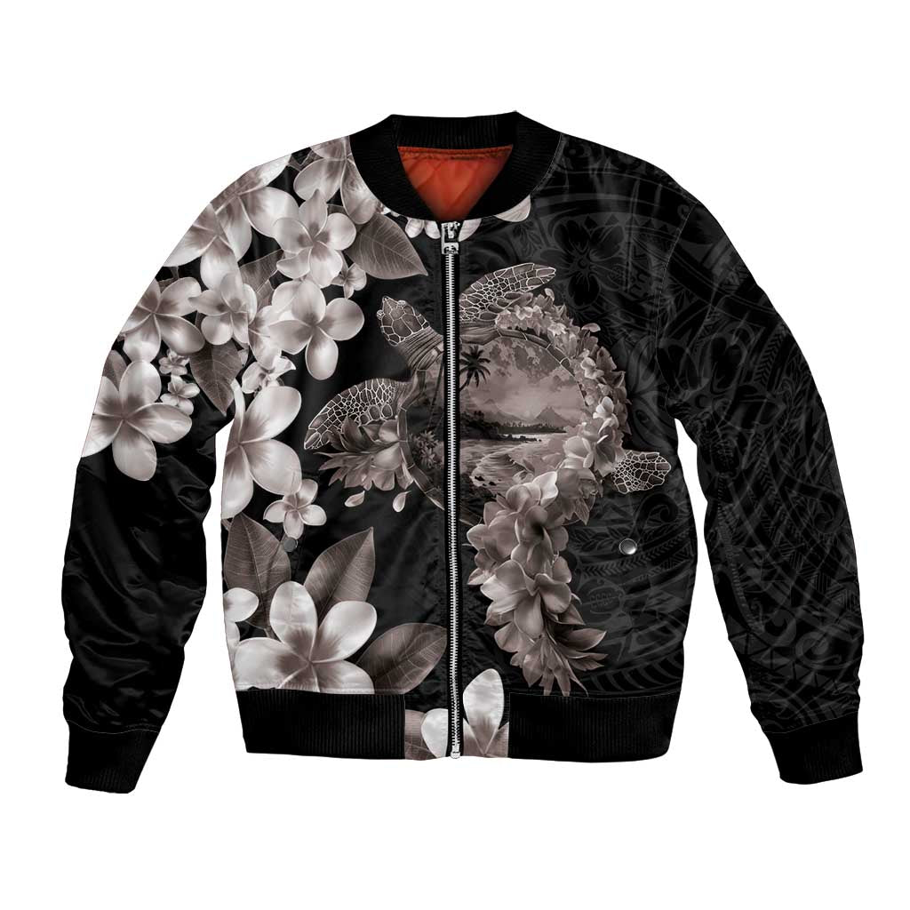 Hawaiian Lei Day Bomber Jacket Plumeria and Turtle with Polynesian Tribal Pattern Grayscale Color LT03 Unisex Black - Polynesian Pride