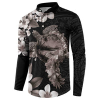 Hawaiian Lei Day Button Sweatshirt Plumeria and Turtle with Polynesian Tribal Pattern Grayscale Color