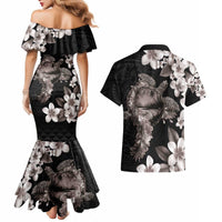 Hawaiian Lei Day Couples Matching Mermaid Dress and Hawaiian Shirt Plumeria and Turtle with Polynesian Tribal Pattern Grayscale Color