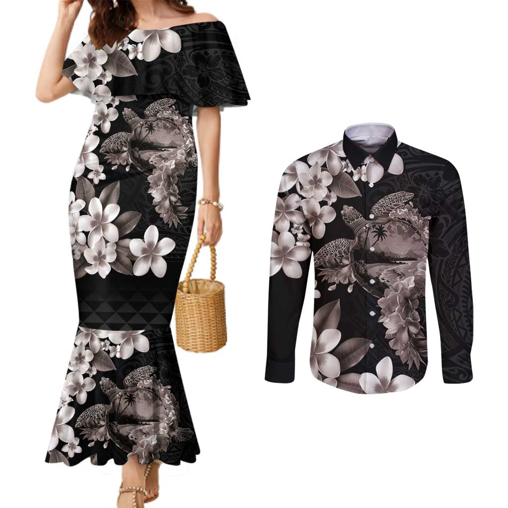 Hawaiian Lei Day Couples Matching Mermaid Dress and Long Sleeve Button Shirt Plumeria and Turtle with Polynesian Tribal Pattern Grayscale Color LT03 Black - Polynesian Pride