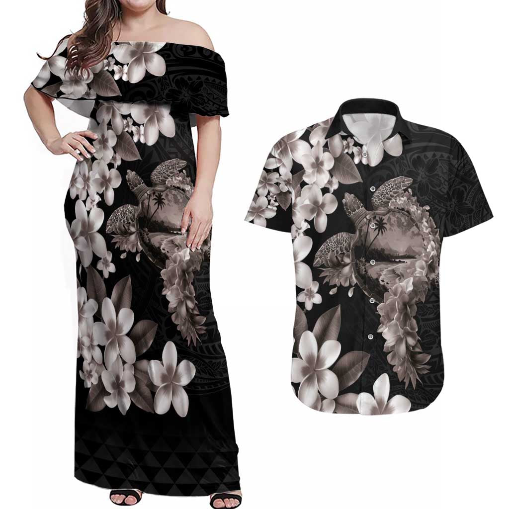 Hawaiian Lei Day Couples Matching Off Shoulder Maxi Dress and Hawaiian Shirt Plumeria and Turtle with Polynesian Tribal Pattern Grayscale Color
