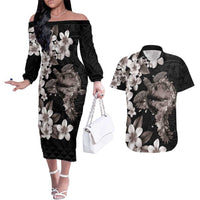 Hawaiian Lei Day Couples Matching Off The Shoulder Long Sleeve Dress and Hawaiian Shirt Plumeria and Turtle with Polynesian Tribal Pattern Grayscale Color