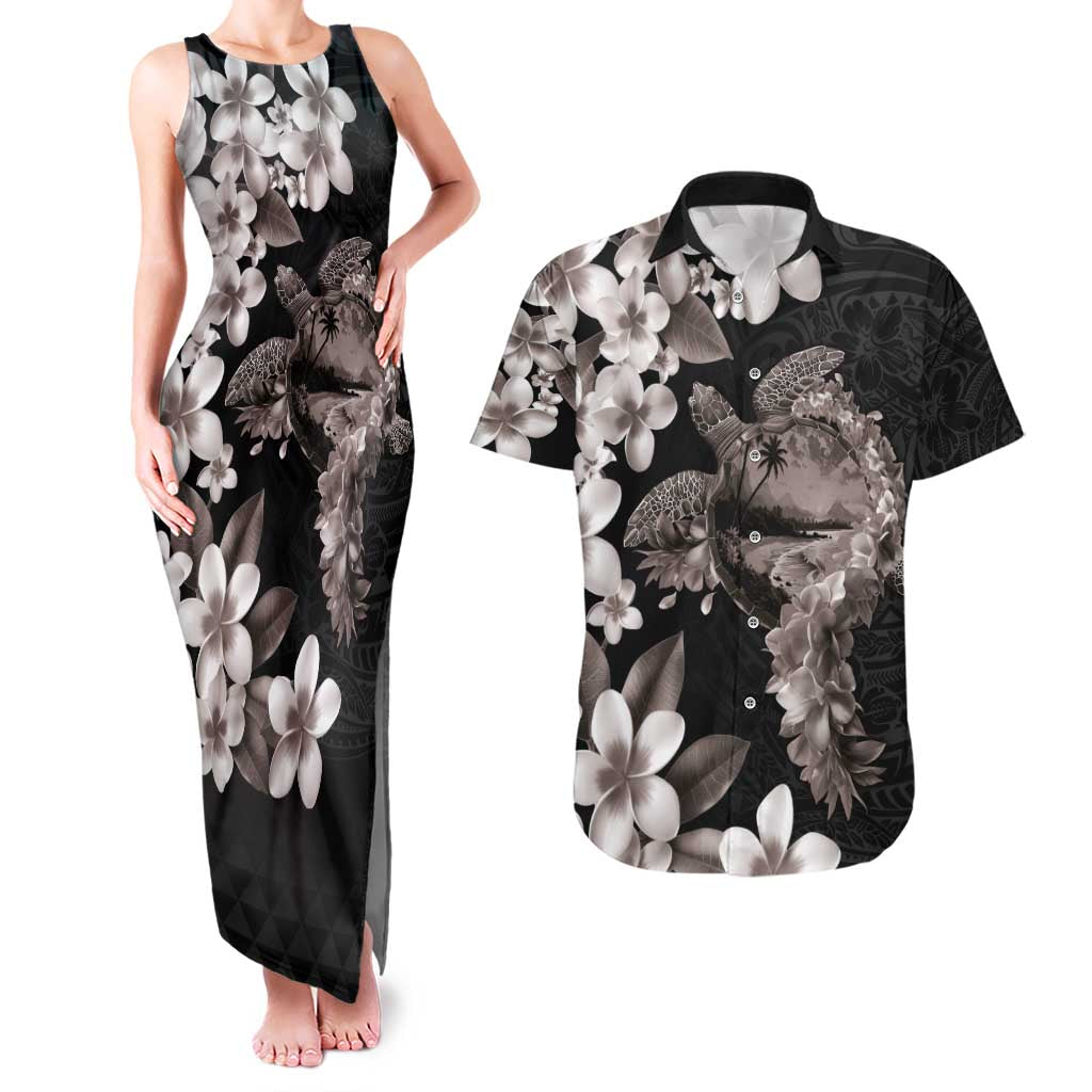 Hawaiian Lei Day Couples Matching Tank Maxi Dress and Hawaiian Shirt Plumeria and Turtle with Polynesian Tribal Pattern Grayscale Color