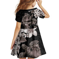 Hawaiian Lei Day Family Matching Long Sleeve Bodycon Dress and Hawaiian Shirt Plumeria and Turtle with Polynesian Tribal Pattern Grayscale Color