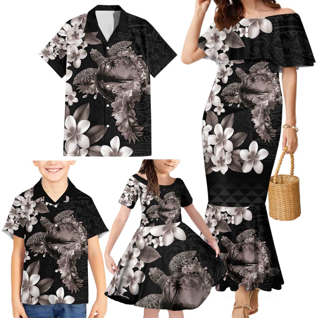Hawaiian Lei Day Family Matching Mermaid Dress and Hawaiian Shirt Plumeria and Turtle with Polynesian Tribal Pattern Grayscale Color