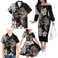Hawaiian Lei Day Family Matching Off The Shoulder Long Sleeve Dress and Hawaiian Shirt Plumeria and Turtle with Polynesian Tribal Pattern Grayscale Color