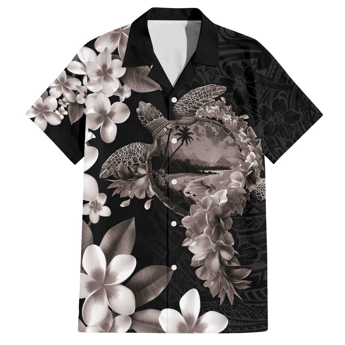 Hawaiian Lei Day Family Matching Off The Shoulder Long Sleeve Dress and Hawaiian Shirt Plumeria and Turtle with Polynesian Tribal Pattern Grayscale Color