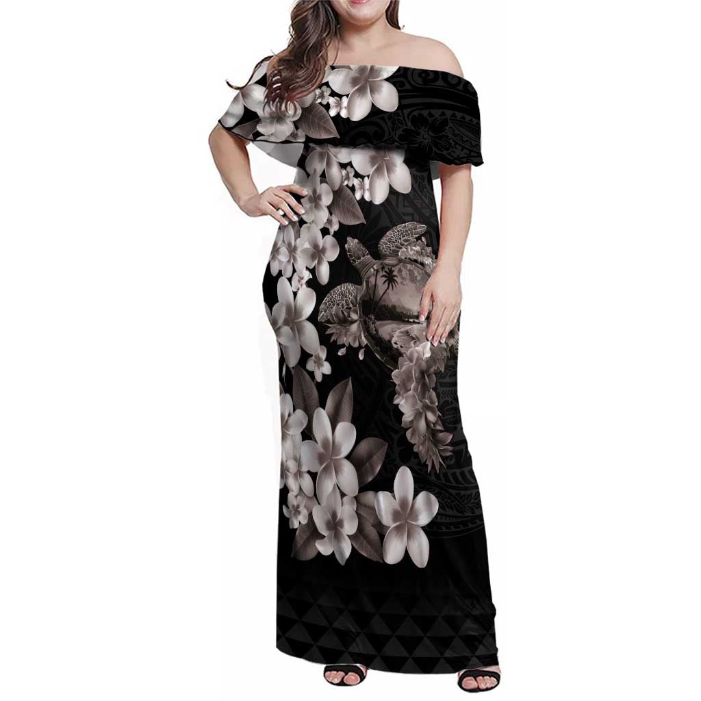 Hawaiian Lei Day Family Matching Off Shoulder Maxi Dress and Hawaiian Shirt Plumeria and Turtle with Polynesian Tribal Pattern Grayscale Color