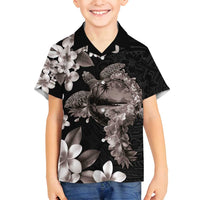 Hawaiian Lei Day Family Matching Off Shoulder Short Dress and Hawaiian Shirt Plumeria and Turtle with Polynesian Tribal Pattern Grayscale Color LT03 Son's Shirt Black - Polynesian Pride