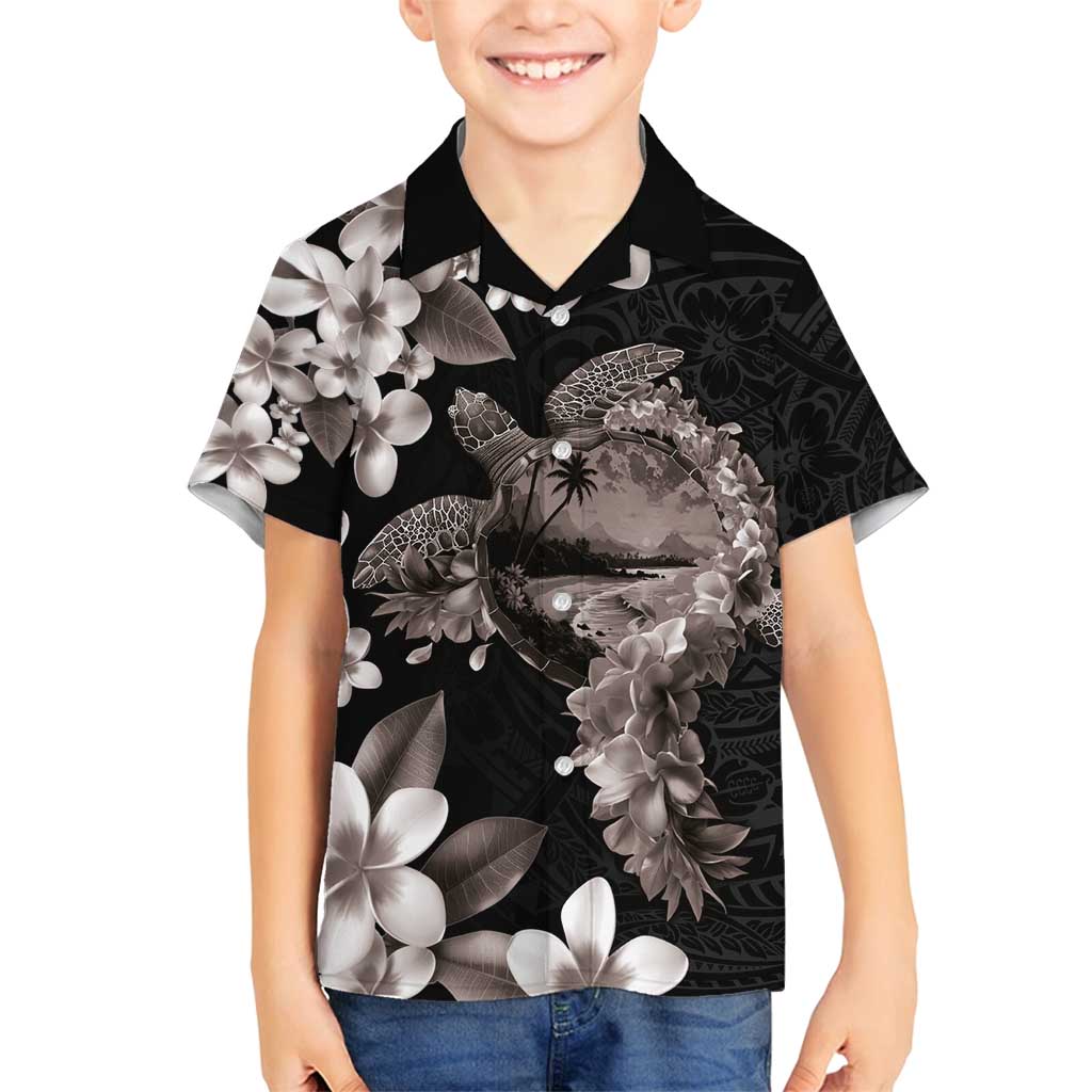 Hawaiian Lei Day Family Matching Puletasi and Hawaiian Shirt Plumeria and Turtle with Polynesian Tribal Pattern Grayscale Color