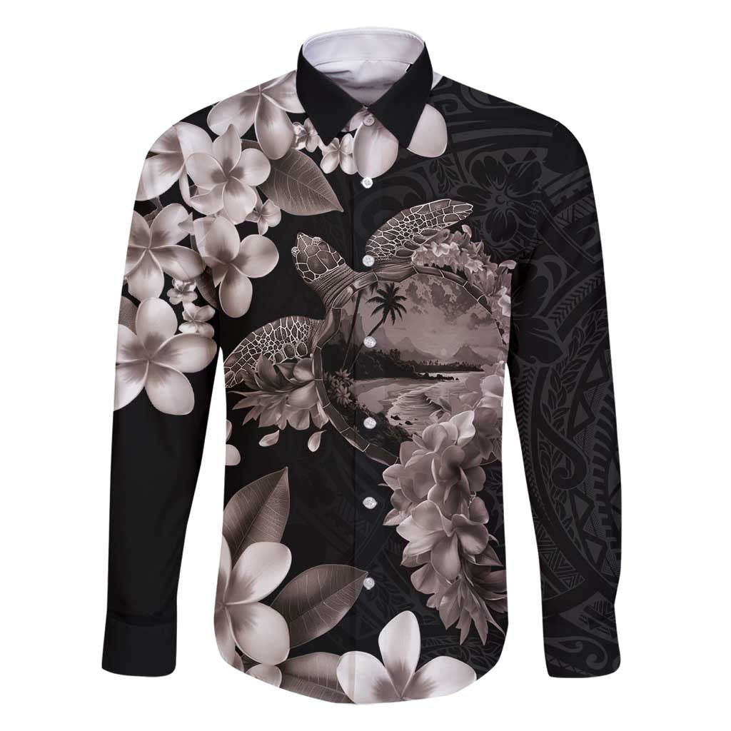 Hawaiian Lei Day Family Matching Tank Maxi Dress and Hawaiian Shirt Plumeria and Turtle with Polynesian Tribal Pattern Grayscale Color LT03 Dad's Shirt - Long Sleeve Black - Polynesian Pride