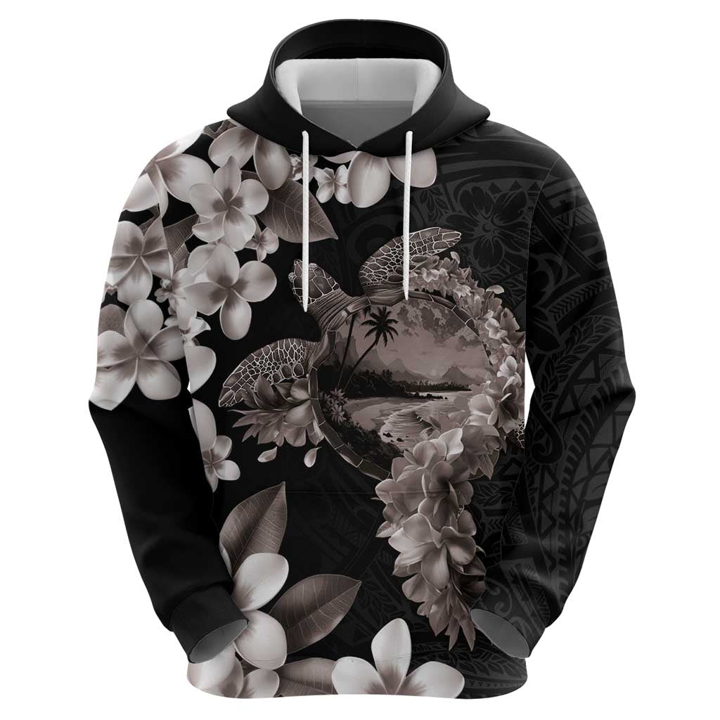 Hawaiian Lei Day Hoodie Plumeria and Turtle with Polynesian Tribal Pattern Grayscale Color