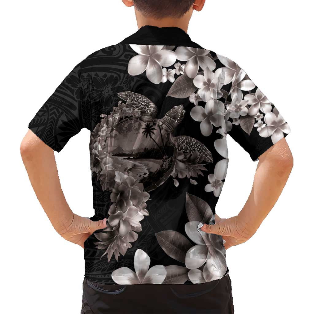 Hawaiian Lei Day Kid Hawaiian Shirt Plumeria and Turtle with Polynesian Tribal Pattern Grayscale Color