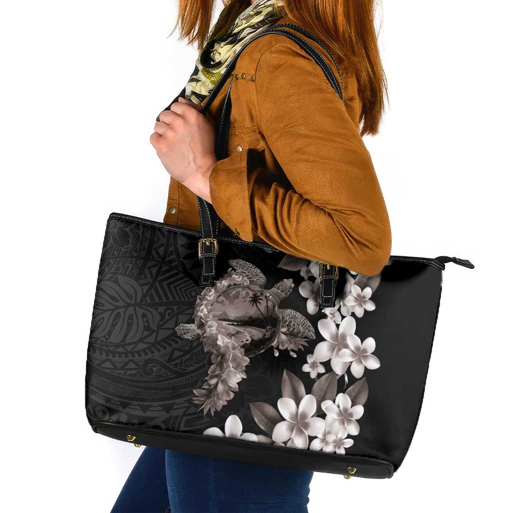 Hawaiian Lei Day Leather Tote Bag Plumeria and Turtle with Polynesian Tribal Pattern Grayscale Color LT03 Black - Polynesian Pride