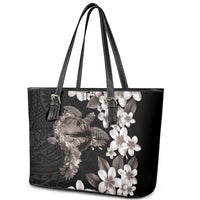 Hawaiian Lei Day Leather Tote Bag Plumeria and Turtle with Polynesian Tribal Pattern Grayscale Color
