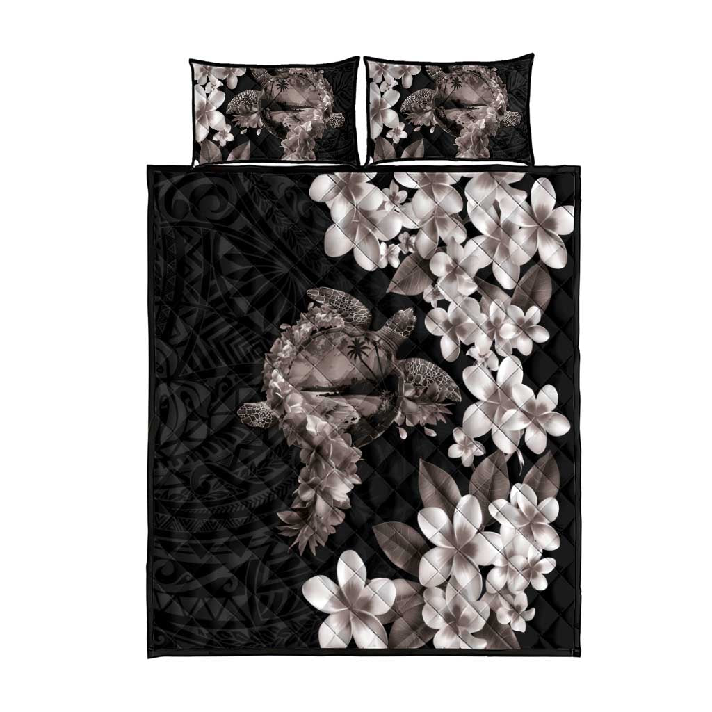 Hawaiian Lei Day Quilt Bed Set Plumeria and Turtle with Polynesian Tribal Pattern Grayscale Color