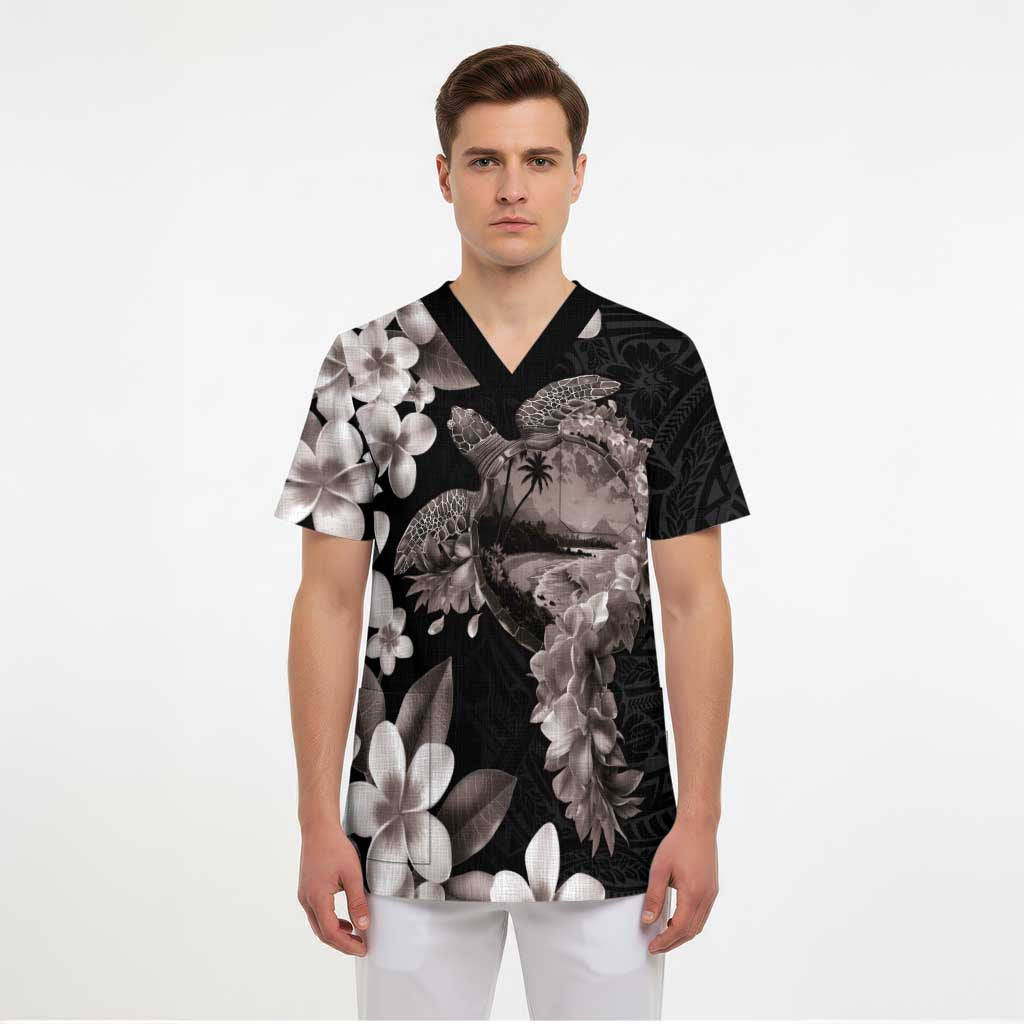 Hawaiian Lei Day Scrub Top Plumeria and Turtle with Polynesian Tribal Pattern Grayscale Color - Polynesian Pride