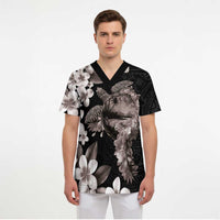 Hawaiian Lei Day Scrub Top Plumeria and Turtle with Polynesian Tribal Pattern Grayscale Color - Polynesian Pride