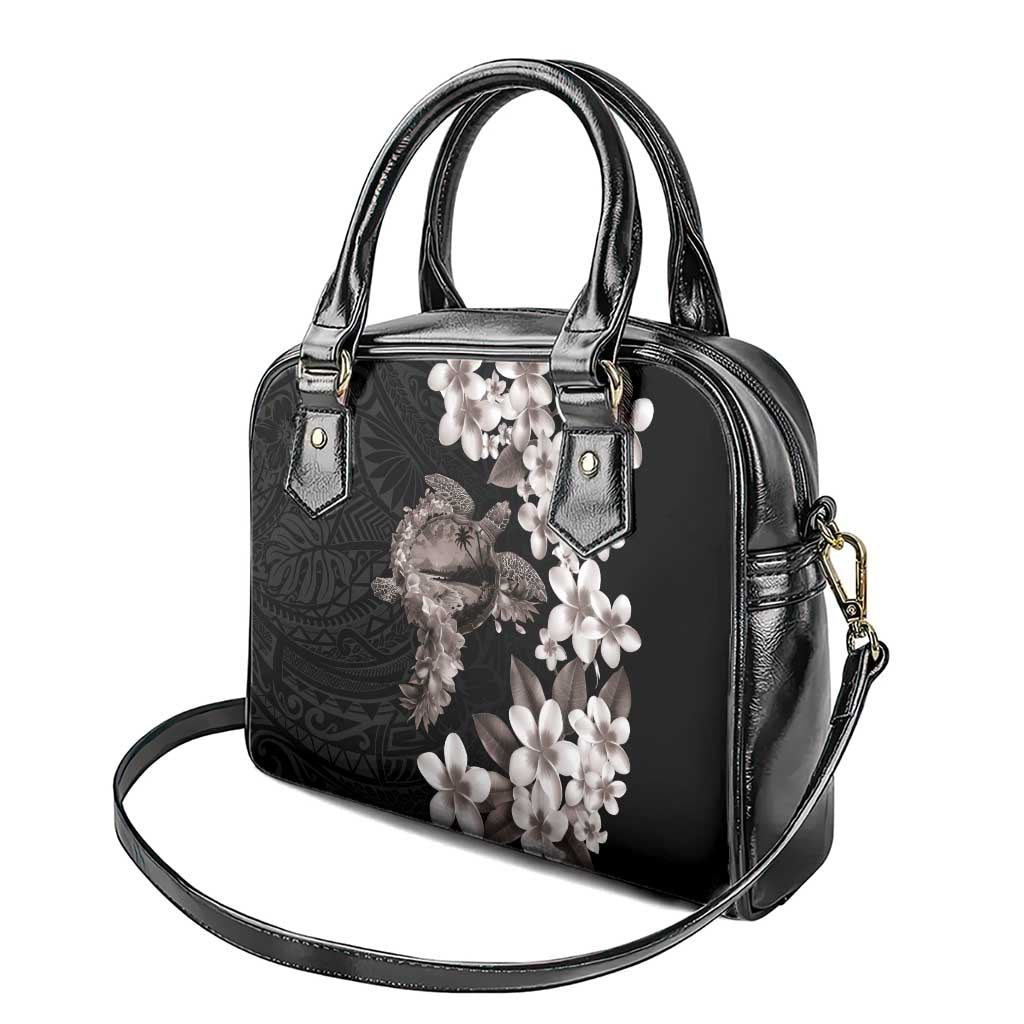 Hawaiian Lei Day Shoulder Handbag Plumeria and Turtle with Polynesian Tribal Pattern Grayscale Color