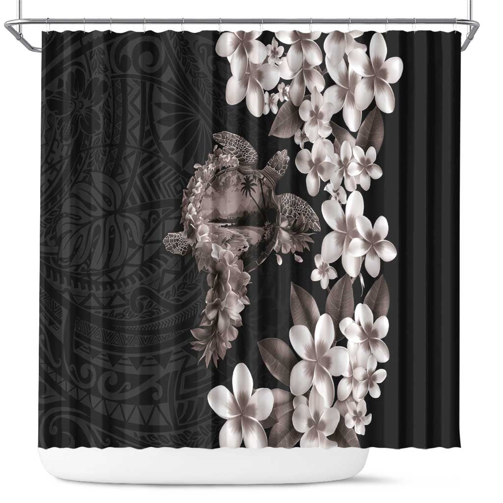 Hawaiian Lei Day Shower Curtain Plumeria and Turtle with Polynesian Tribal Pattern Grayscale Color LT03 Black - Polynesian Pride