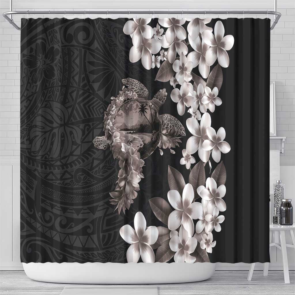 Hawaiian Lei Day Shower Curtain Plumeria and Turtle with Polynesian Tribal Pattern Grayscale Color LT03 - Polynesian Pride