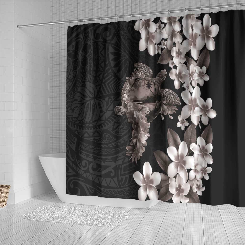 Hawaiian Lei Day Shower Curtain Plumeria and Turtle with Polynesian Tribal Pattern Grayscale Color LT03 - Polynesian Pride